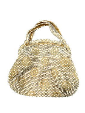 Vintage White Beaded Handbag Corde Bead Hexagonal Print Cocktail Purse Lumered